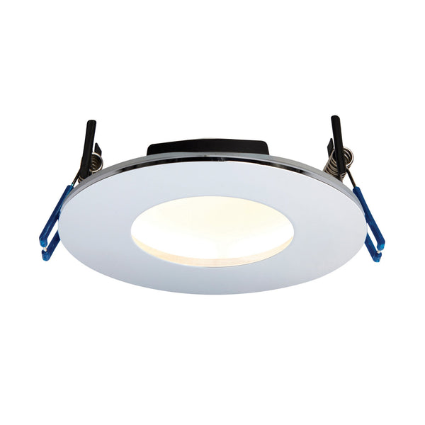 A round chrome recessed light fitting with a warm white glow, designed for ceiling installation.