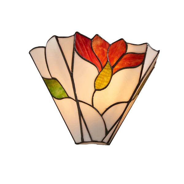 A decorative stained glass wall light with a red flower motif on a white background.