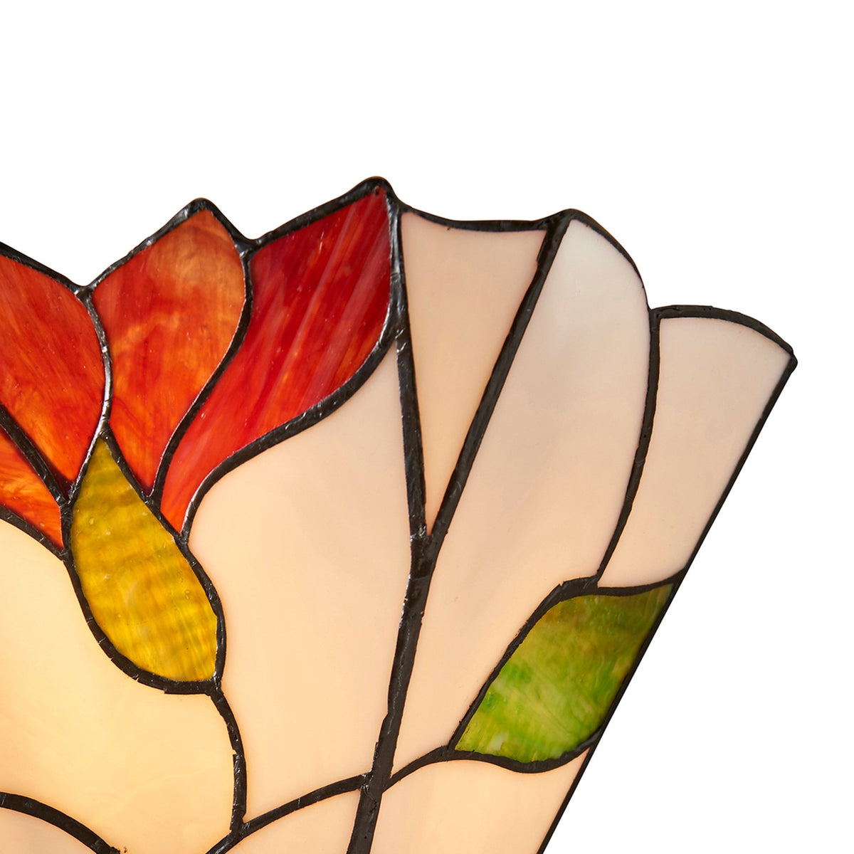 A close-up of the intricate stained glass detail of a wall light with a red flower design.