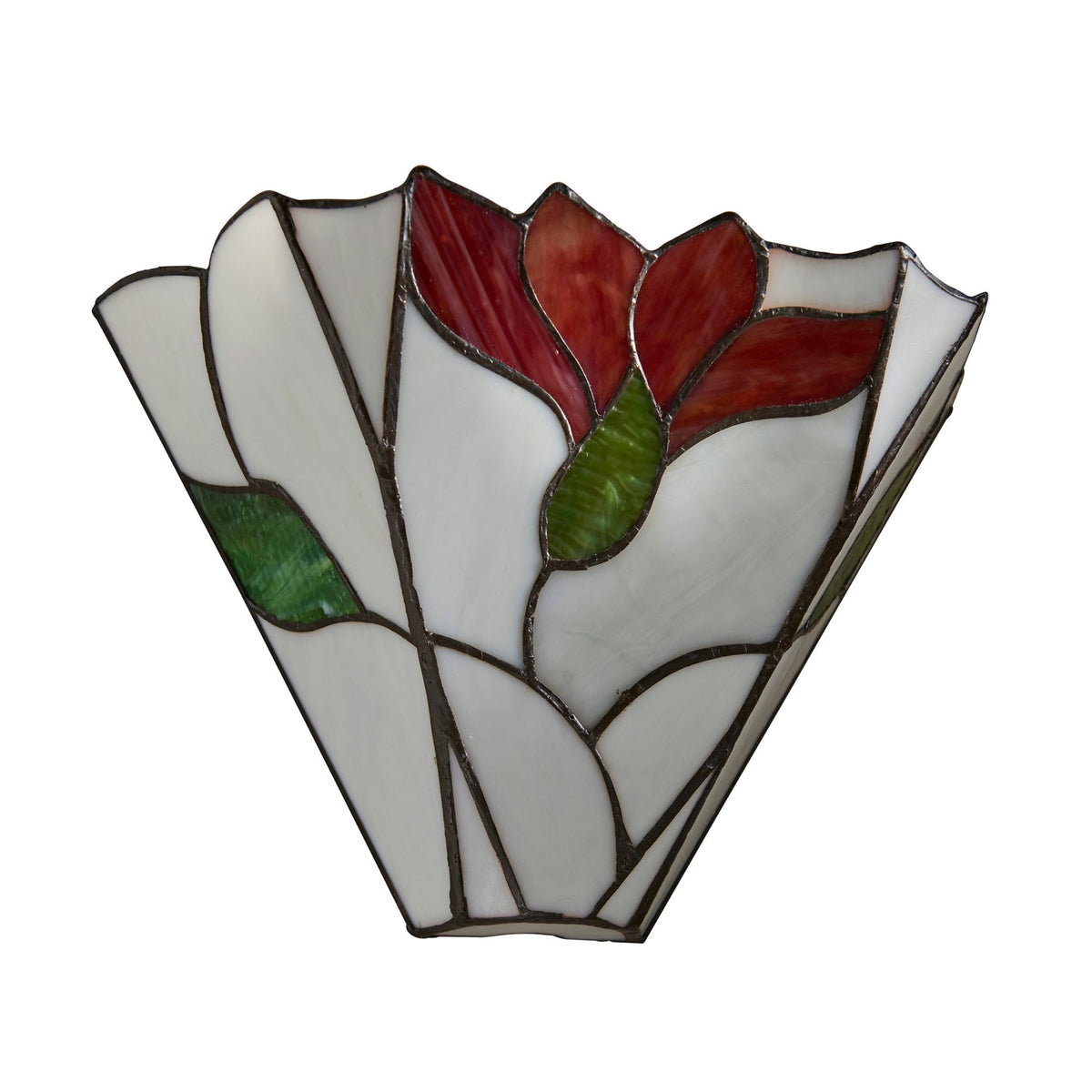 A decorative stained glass wall light shade with a vibrant red flower and green leaf pattern.
