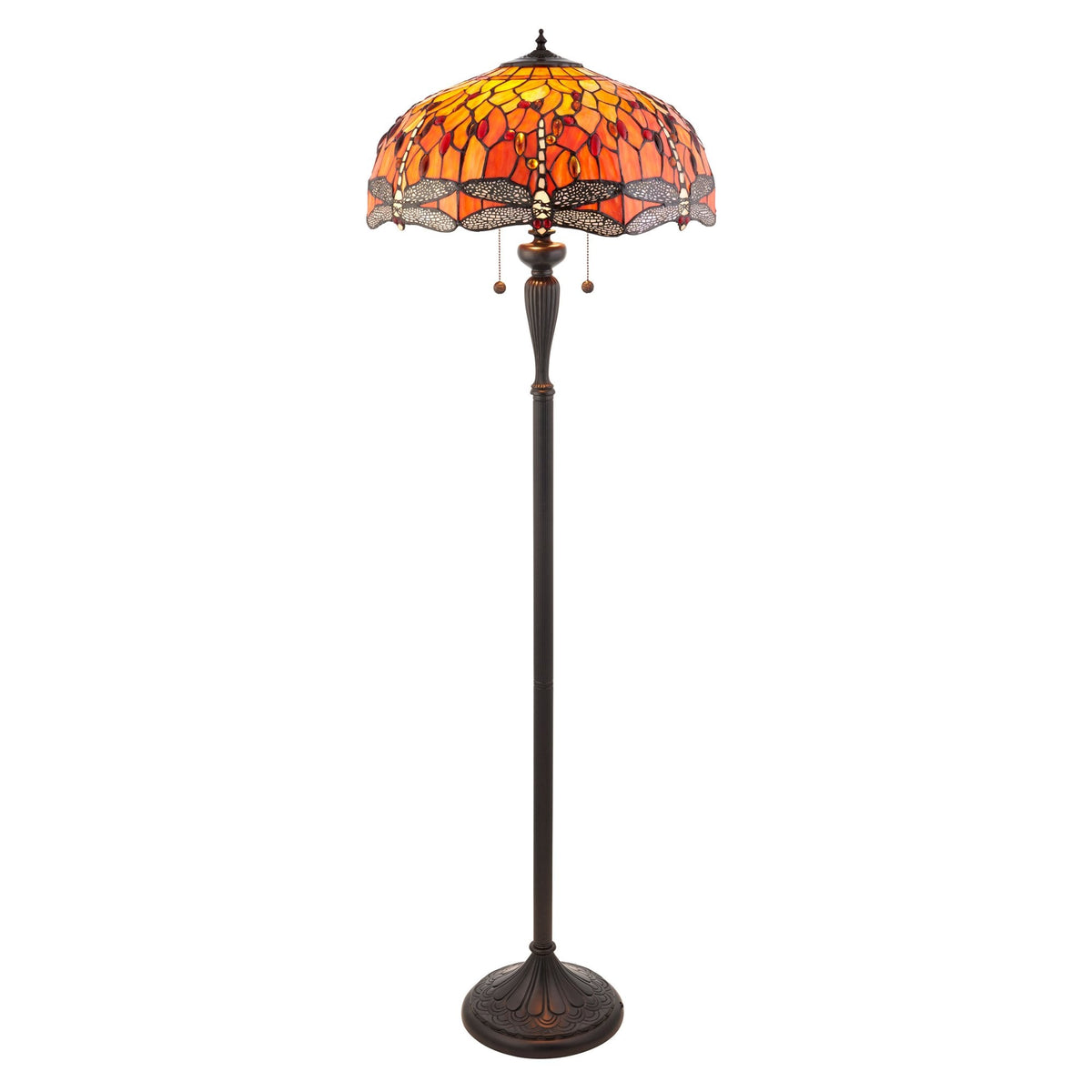 A Tiffany dragonfly floor lamp with a deep red and amber shade on a white background.