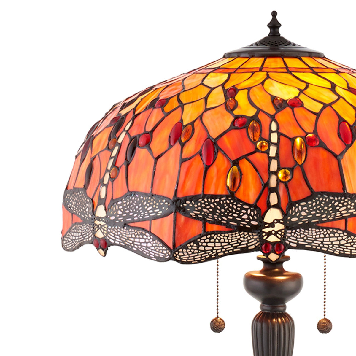 A close-up of the upper part of the Tiffany dragonfly floor lamp, showing the shade.