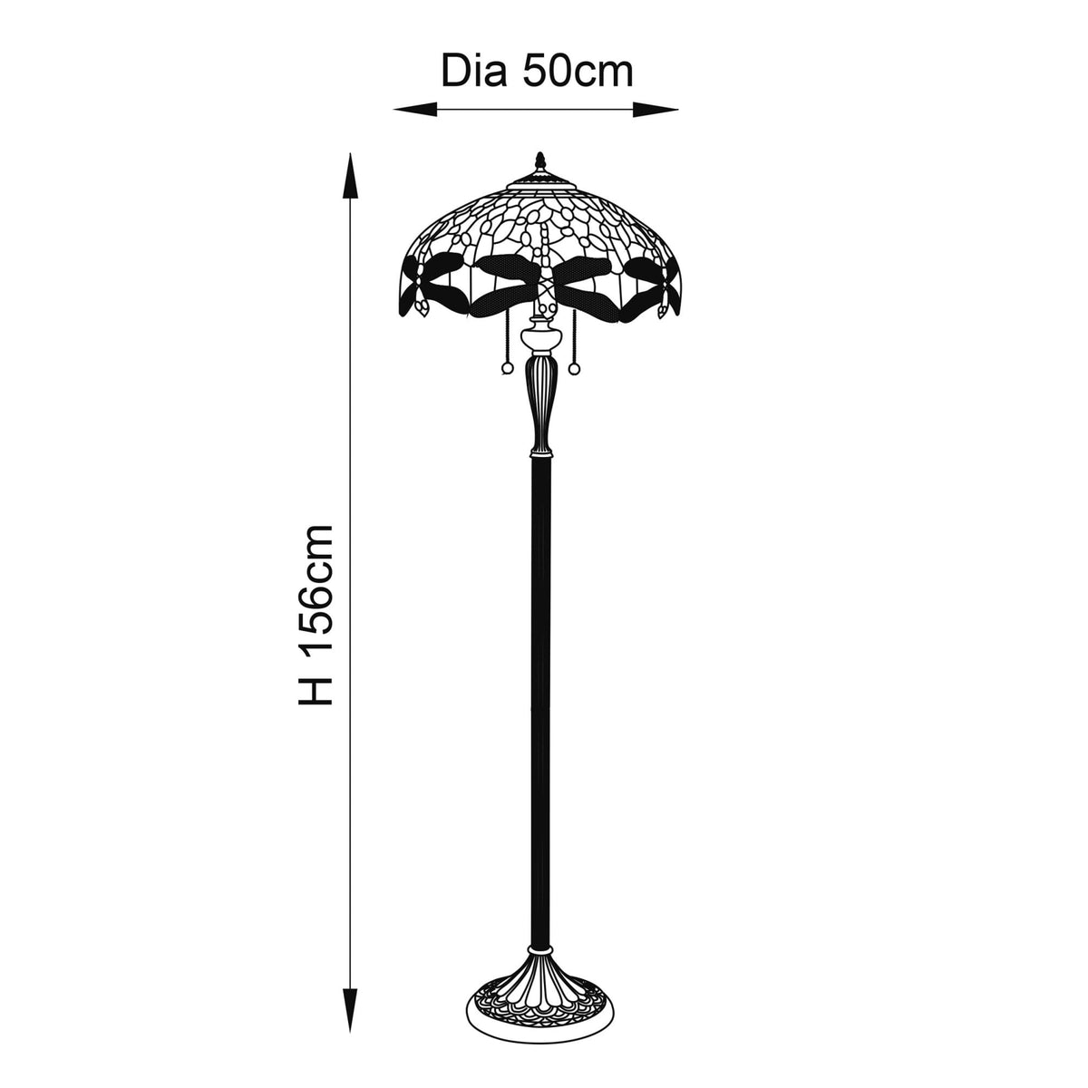 A diagram showing the dimensions of the Tiffany dragonfly floor lamp.
