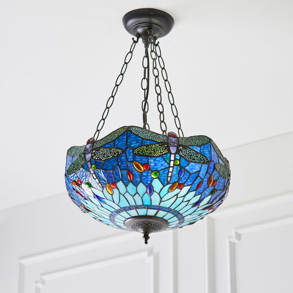 Blue Dragonfly Medium Inverted Tiffany Glass Pendant