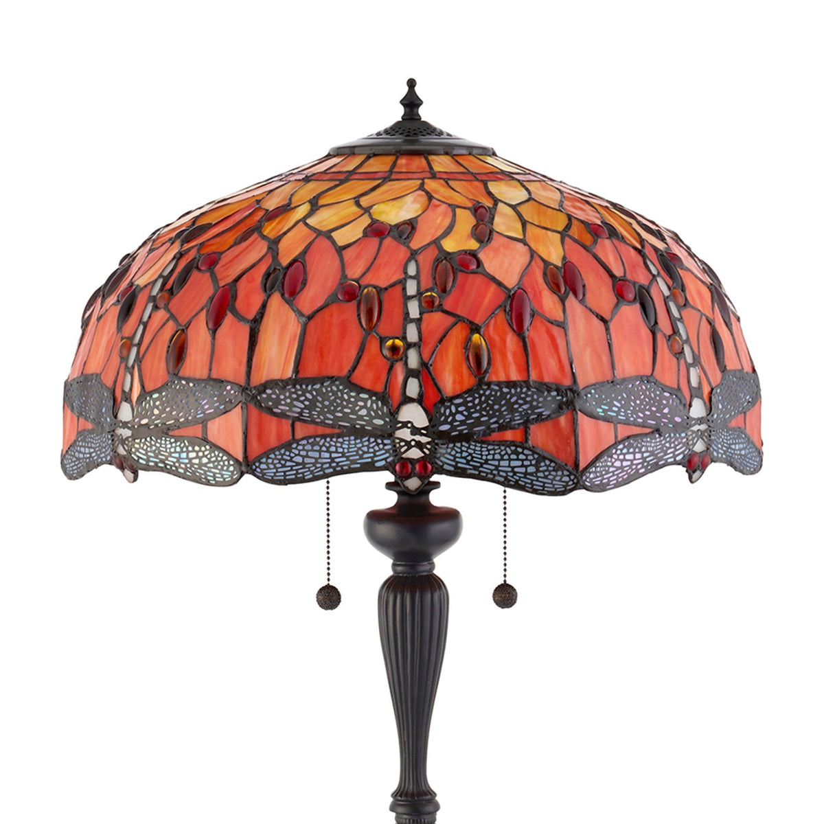 A close-up of the Tiffany dragonfly shade, showcasing intricate glasswork.