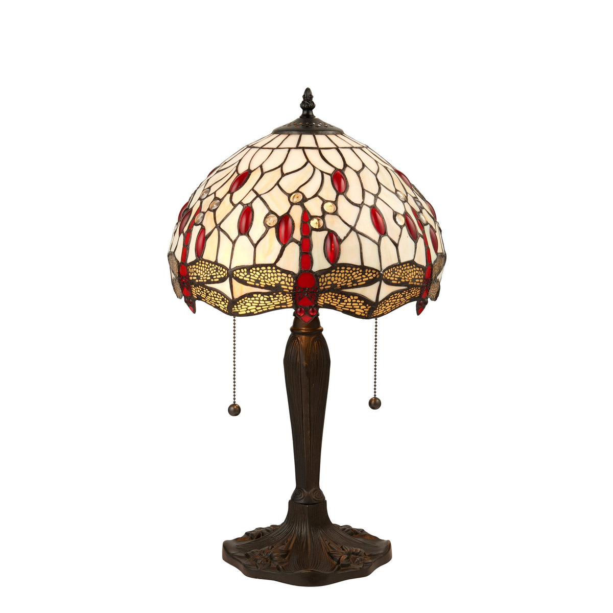 A Tiffany table lamp with a stained glass dragonfly pattern on a white background.