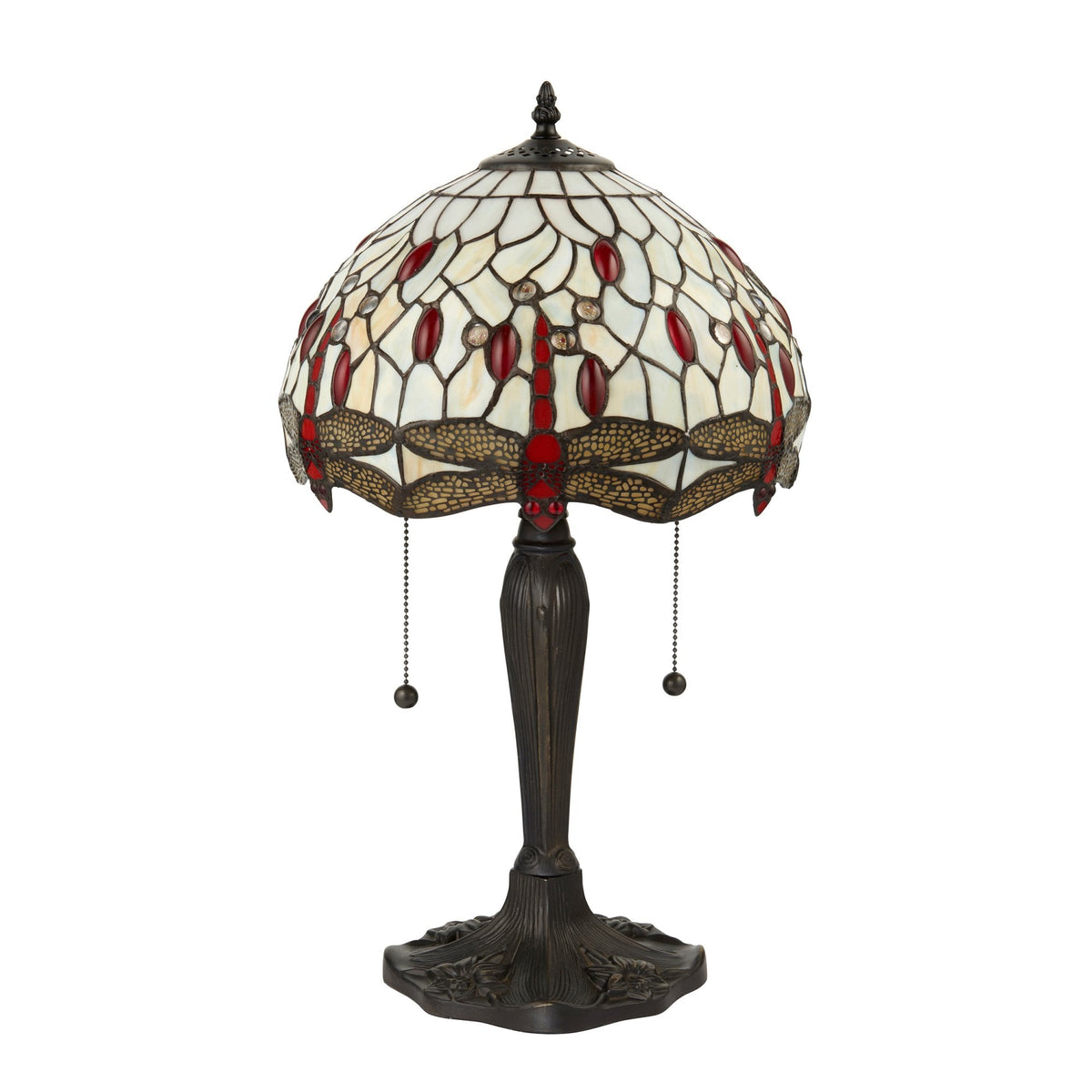 A Tiffany table lamp with a stained glass dragonfly shade, against a white background.