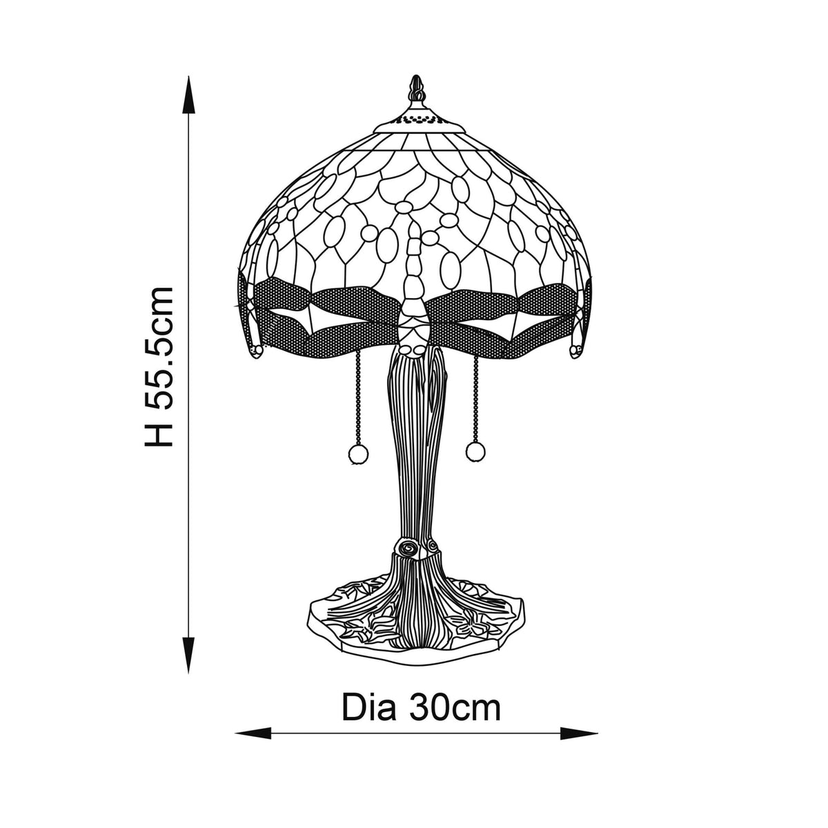A diagram illustrating the dimensions of the Tiffany table lamp, H 55.5cm Dia 30cm.