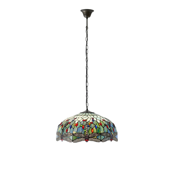 A Tiffany style stained glass pendant light with a dragonfly motif on a white background.