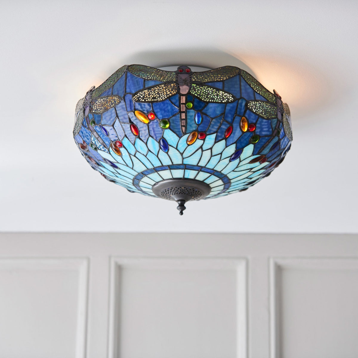 Blue Dragonfly Tiffany Glass Semi Flush Ceiling Light