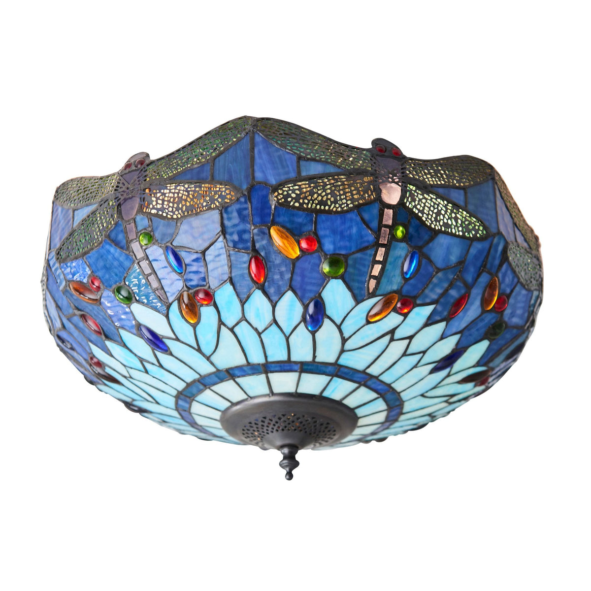 Blue Dragonfly Tiffany Glass Semi Flush Ceiling Light
