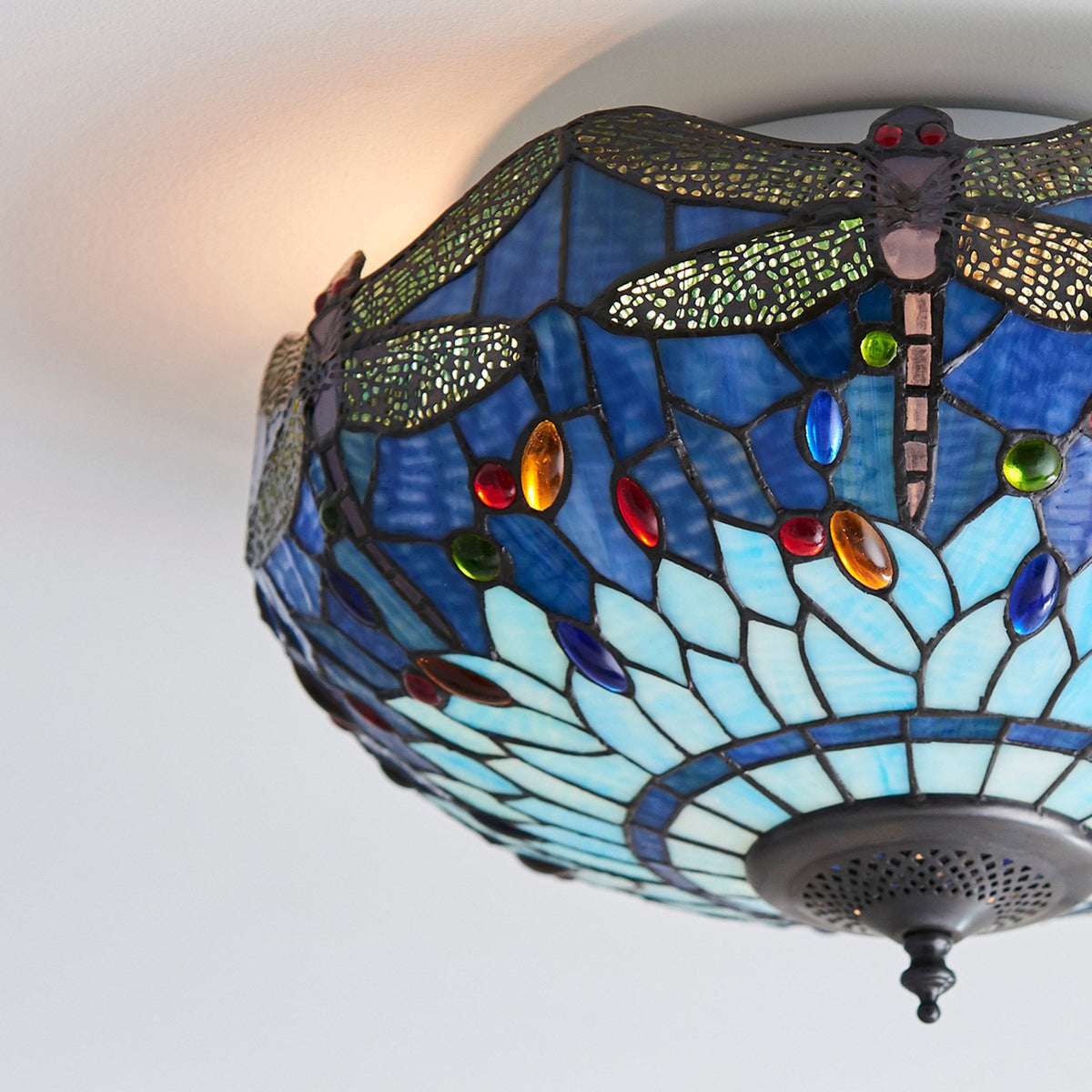 Blue Dragonfly Tiffany Glass Semi Flush Ceiling Light