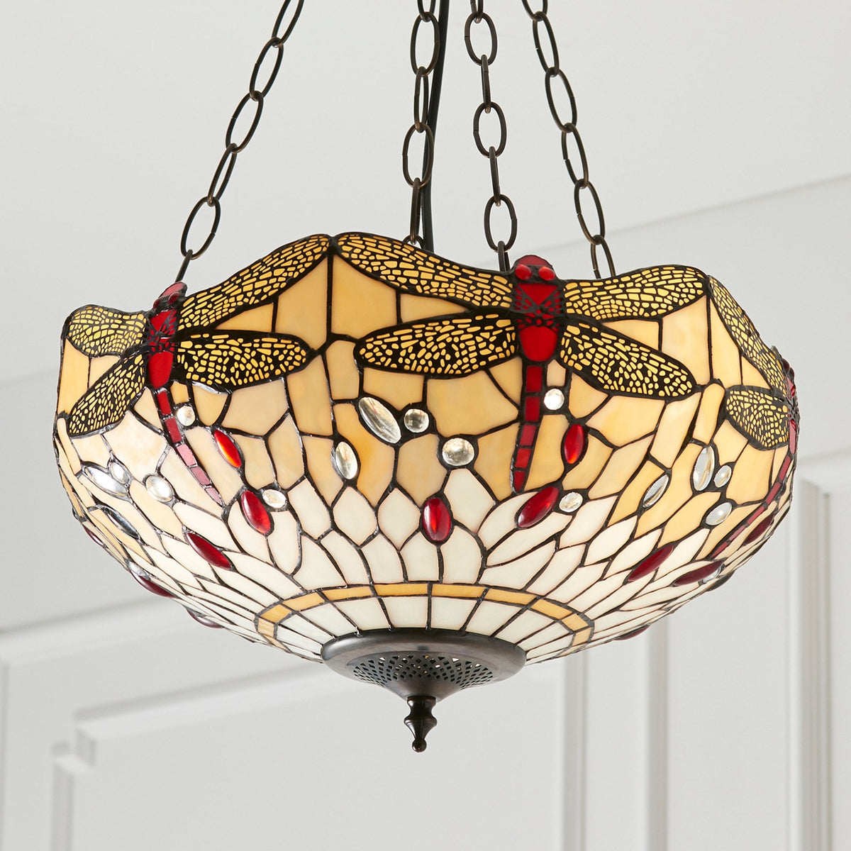 Beige Dragonfly Medium Inverted Tiffany Glass Pendant