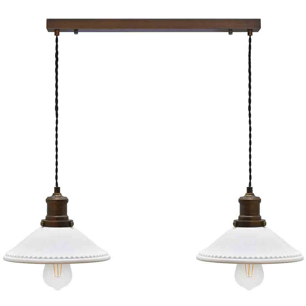 Two white pendant lights with brass fittings and exposed bulbs, hanging from a rectangular brass bar.