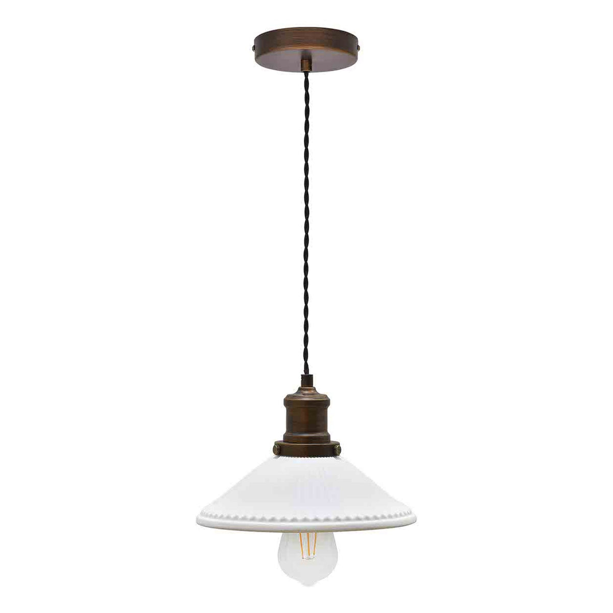 White ceramic pendant light with a bronze fixture and exposed bulb.