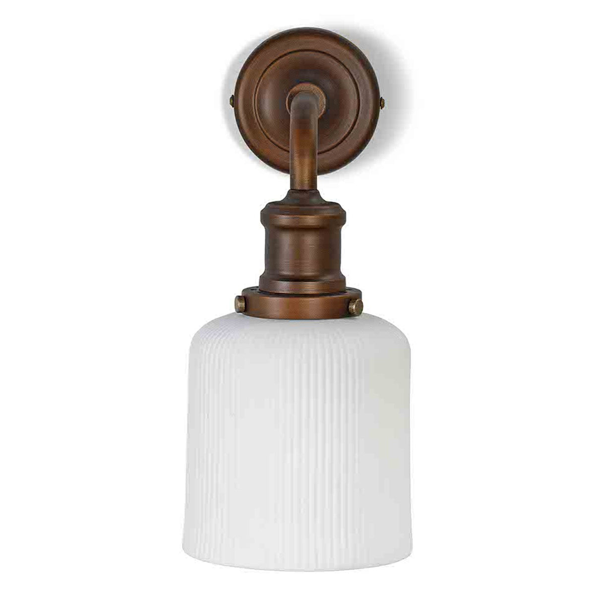 A bronze wall sconce with a ribbed white glass shade.
