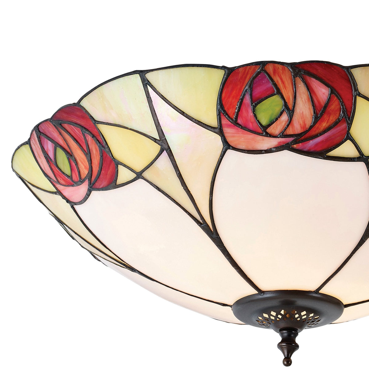 A close-up of a ceiling light featuring a stained-glass rose design, radiating a warm glow.