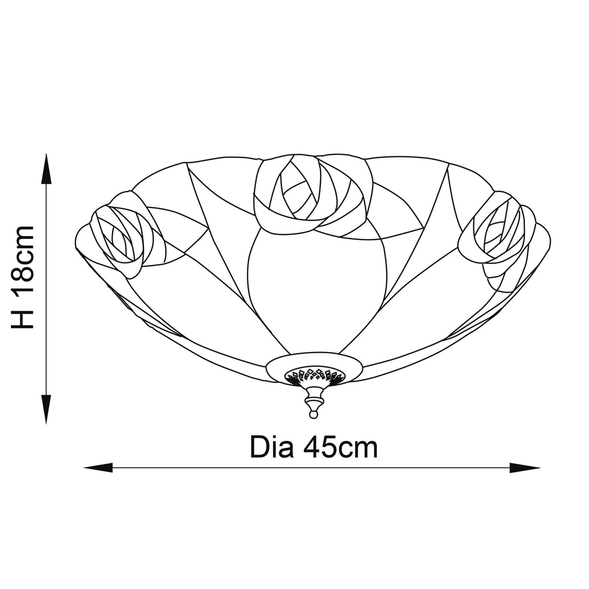A line drawing of the ceiling light showing its height of 18cm and diameter of 45cm.