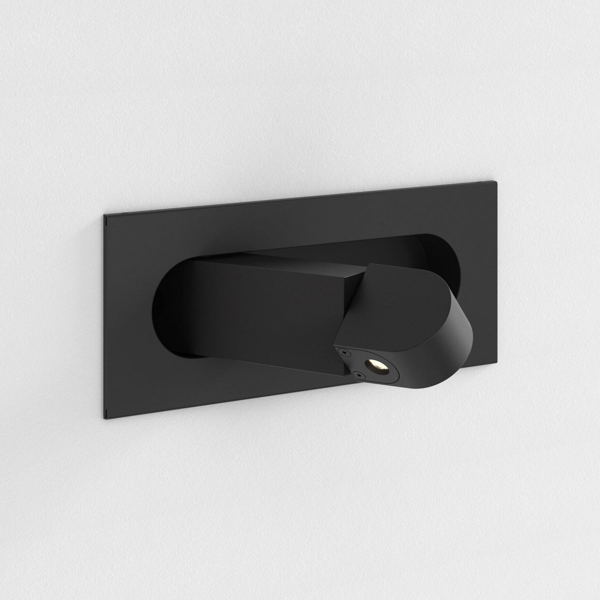 Black rectangular recessed wall light with a pivoting cylindrical spotlight