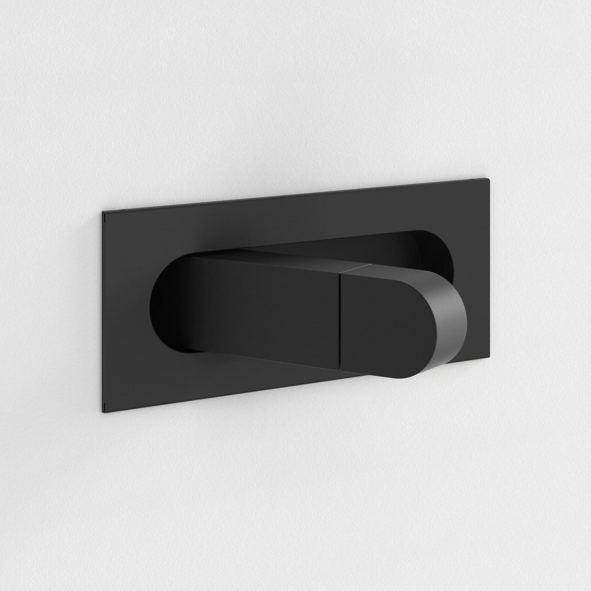 Matte black wall-mounted faucet with a rectangular base and a cylindrical spout