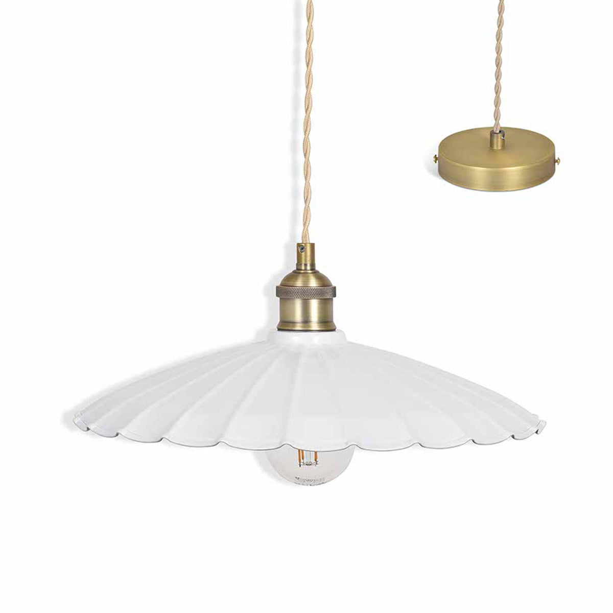 White fluted pendant light with brass fitting and braided cord, with a separate brass ceiling rose.