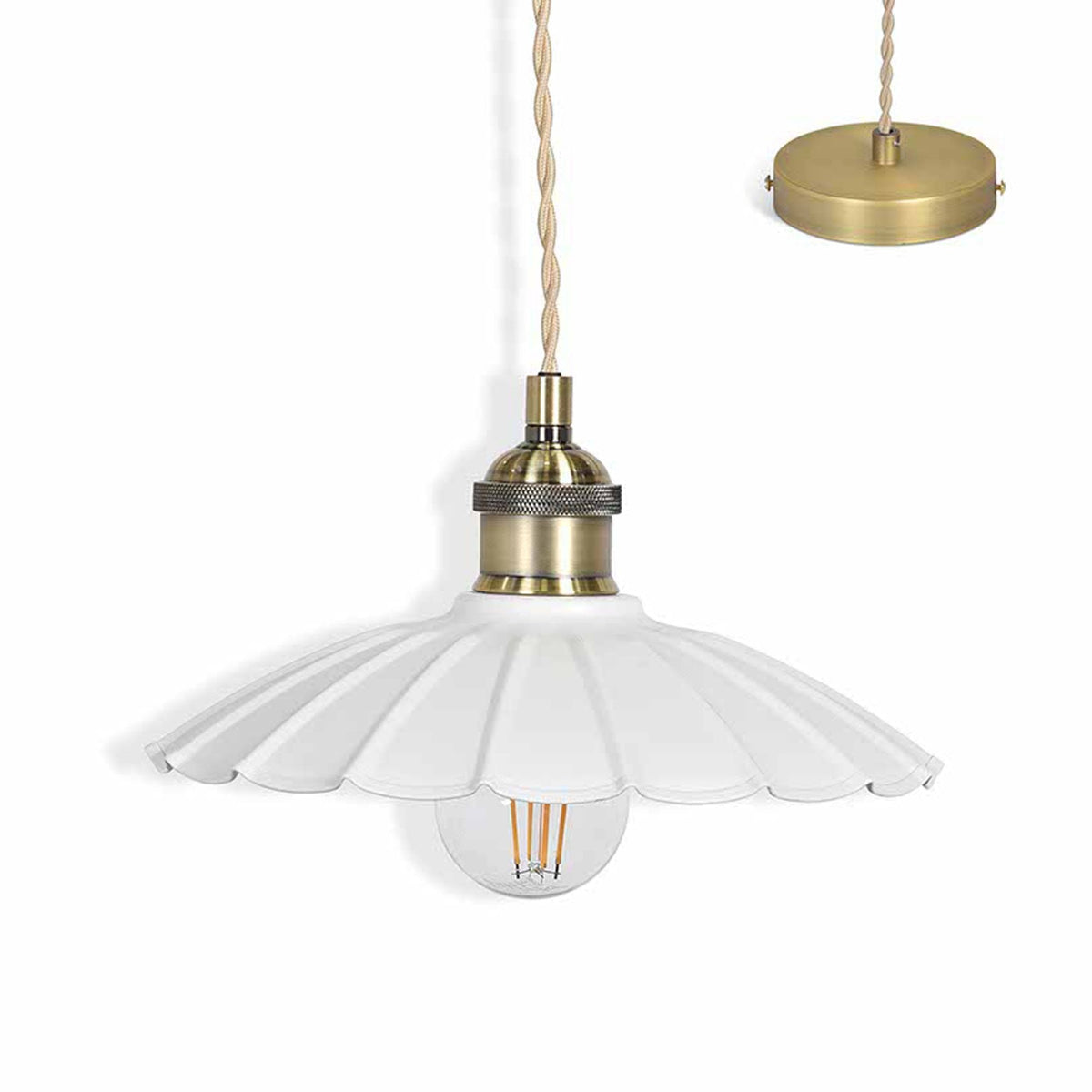 White fluted pendant light with brass fitting and exposed bulb, with a brass ceiling rose in the top right.