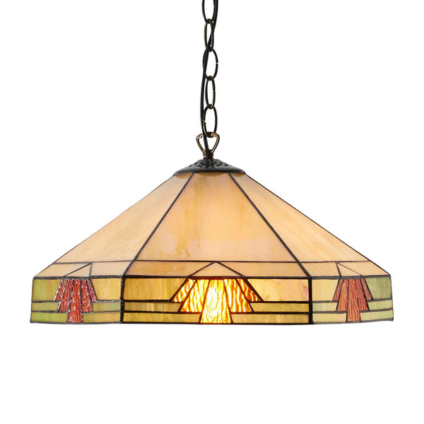 Close-up of a Tiffany style ceiling pendant light with a stained glass shade.