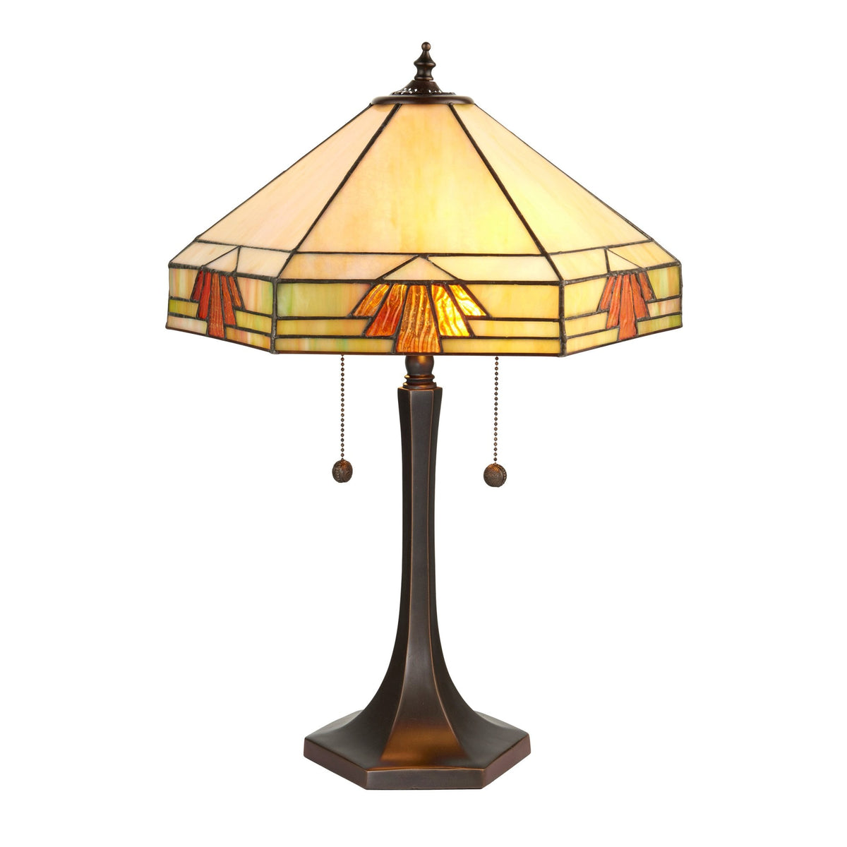 A close-up of a Tiffany lamp with a classic stained-glass shade.