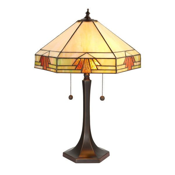 A close-up of a Tiffany lamp with a classic stained-glass shade.