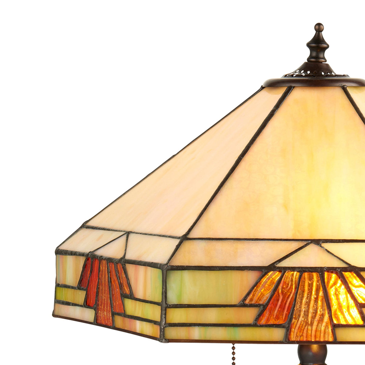 A detailed shot of the Tiffany lamp's stained-glass shade.