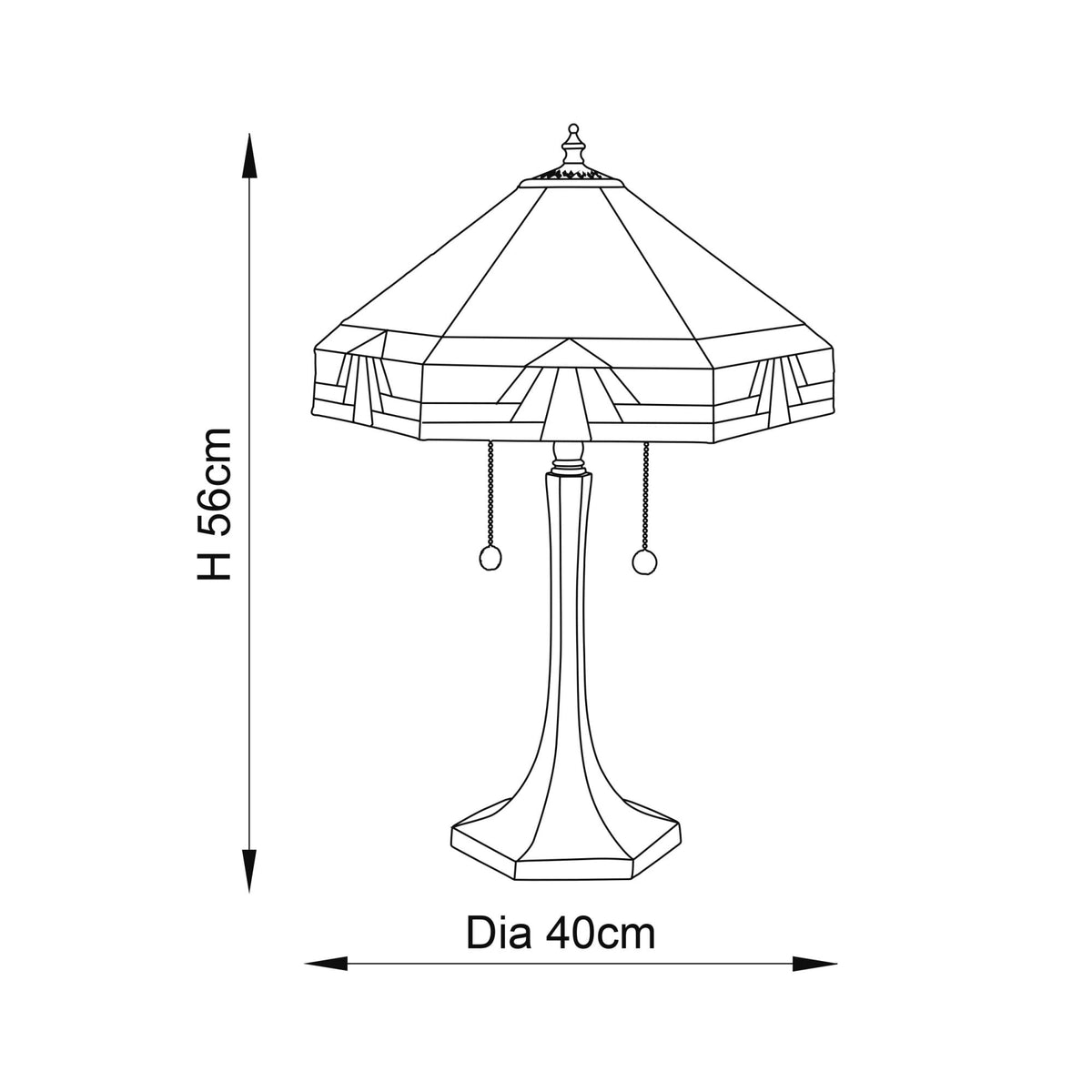 Line drawing of the Tiffany lamp showing its height of 56cm and diameter of 40cm.