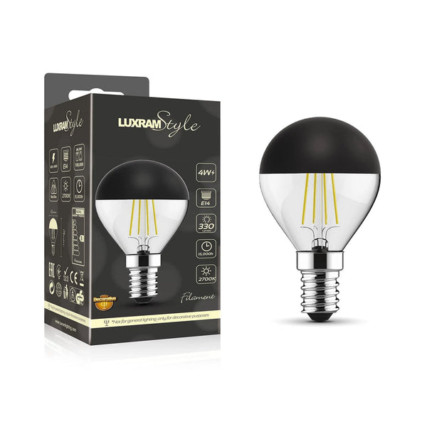 Black and clear LED light bulb with a black box showing specifications.