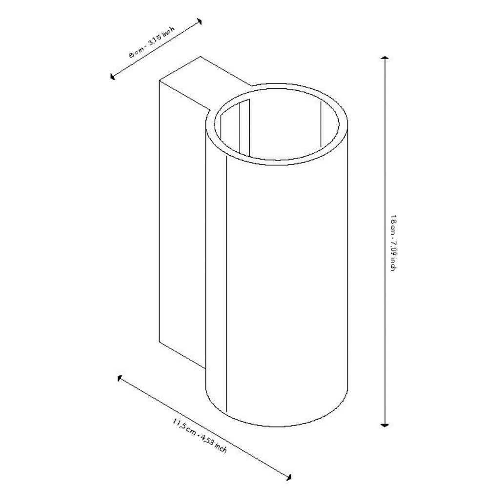 Line drawing with dimensions for a cylindrical wall light, showing height, width, and depth.
