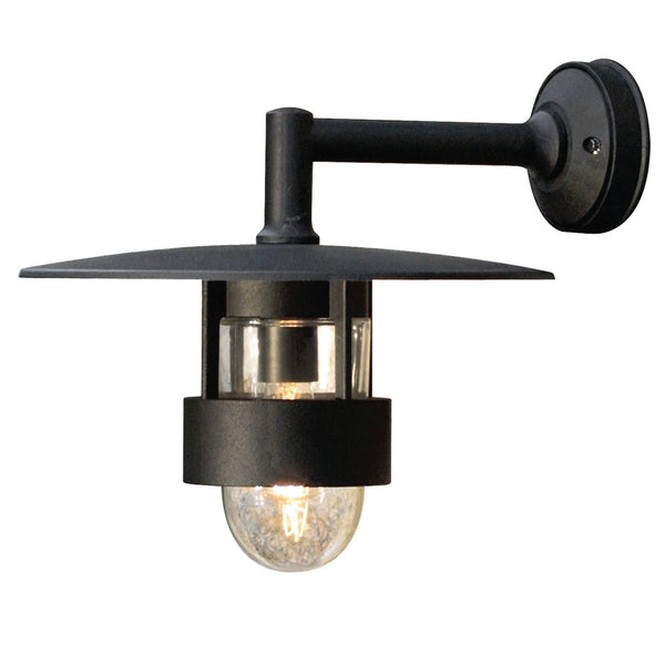 A sleek black outdoor wall light with a wide brim and glass dome on a white background.