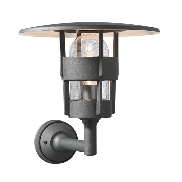 A black outdoor wall light with a decorative glass bulb, on a white background.