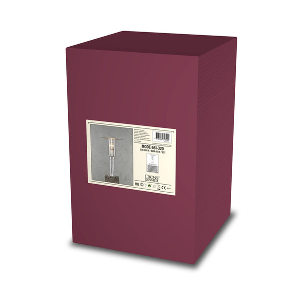 A product box in a dark red colour with a label depicting the bollard lamp.