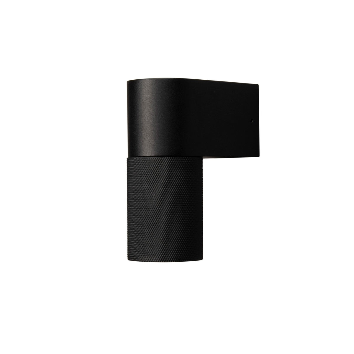A modern black wall light against a pure white background.
