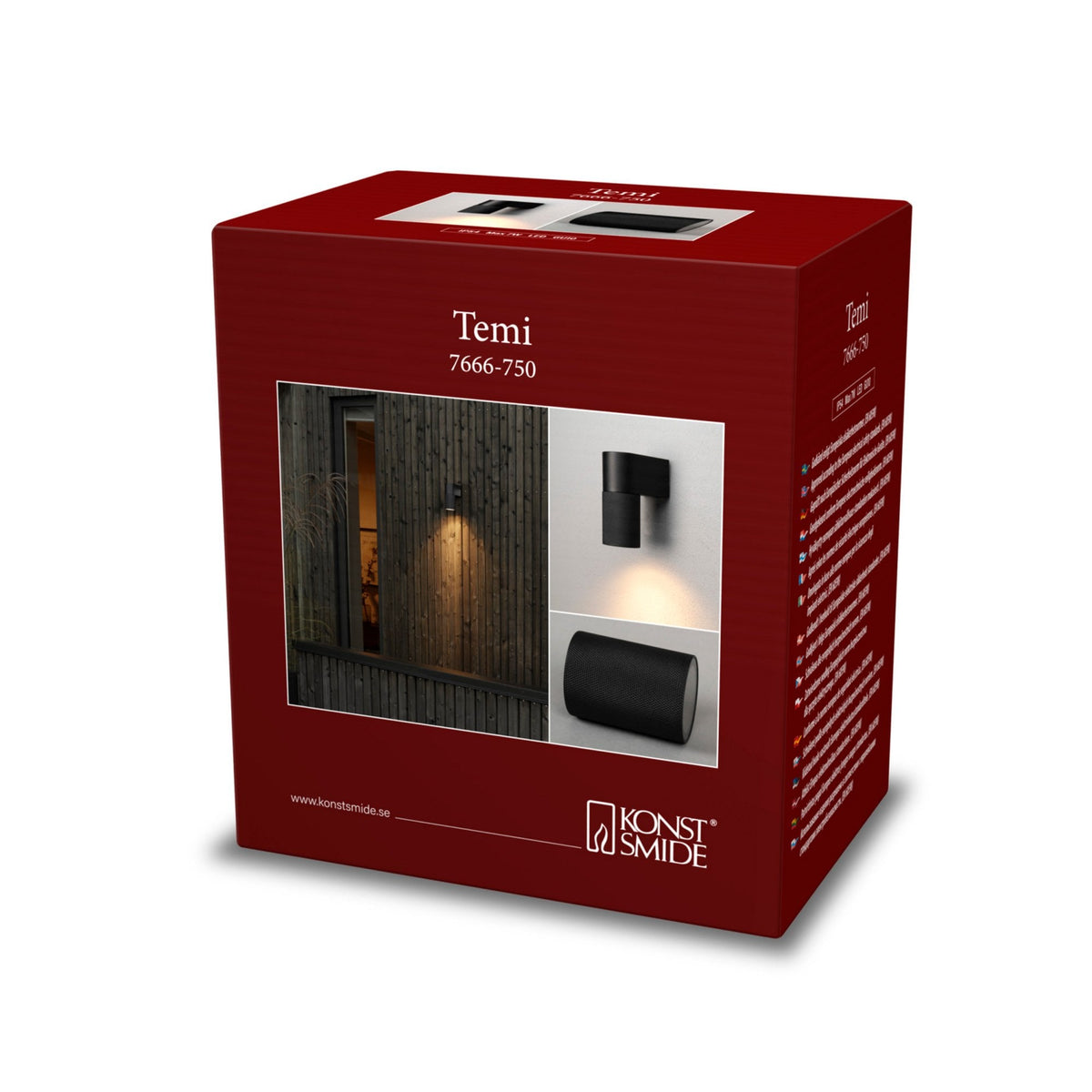 The red packaging for the Temi 7666-750 wall light, displaying product images.