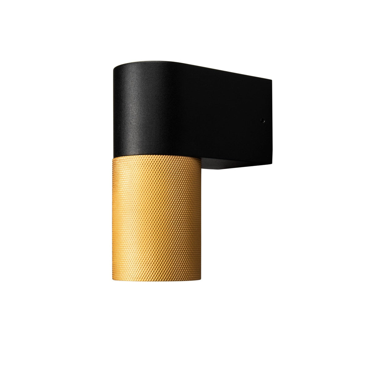 A sleek black and gold wall light with a textured gold base on a white background.