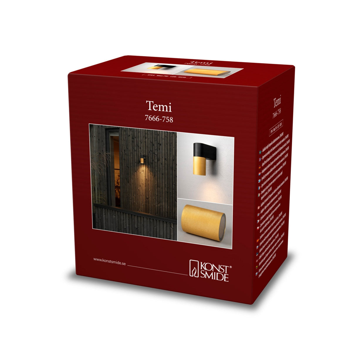 The red product packaging for the Temi 7666-758 wall light, with product images.