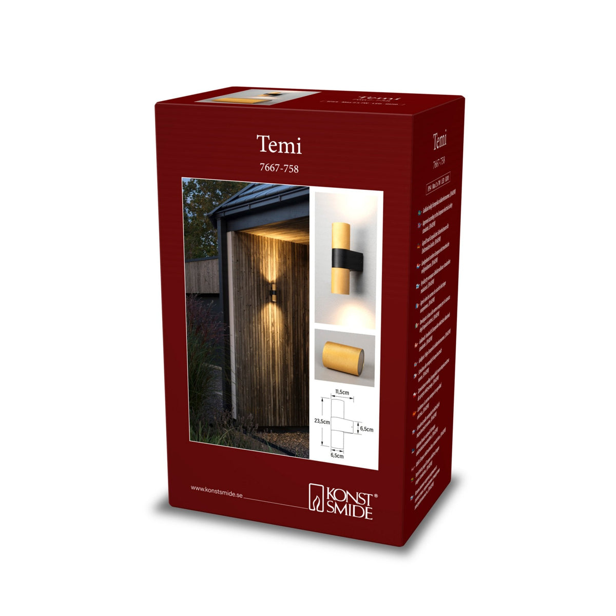 A product box for the Temi outdoor wall light, showcasing features and dimensions.