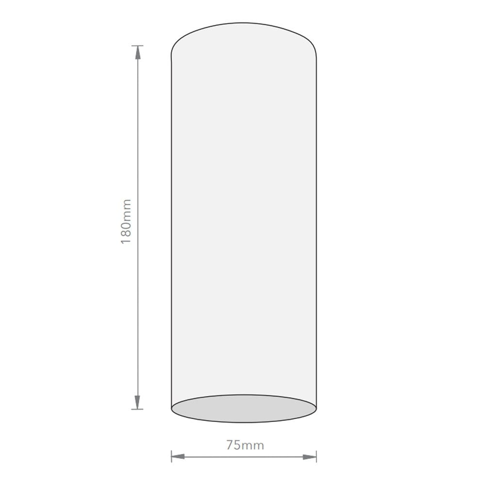 A diagram illustrating the dimensions of the cylindrical spotlight: 180mm high and 75mm wide.
