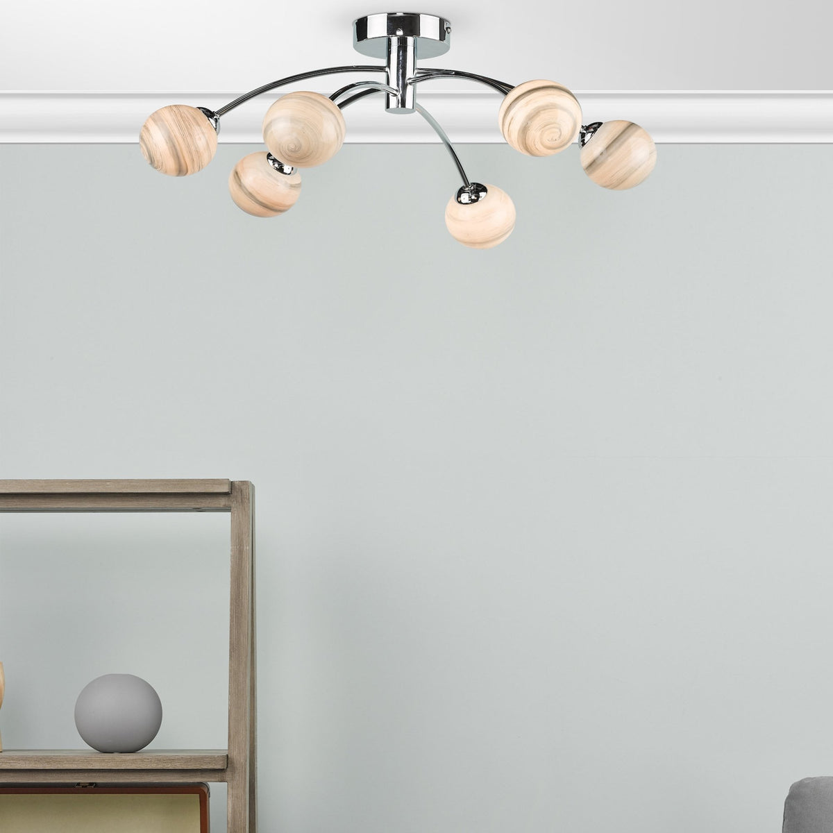 Izzy 6 Light Semi-Flush Ceiling Light In Polished Chrome With Planet Glass Shades