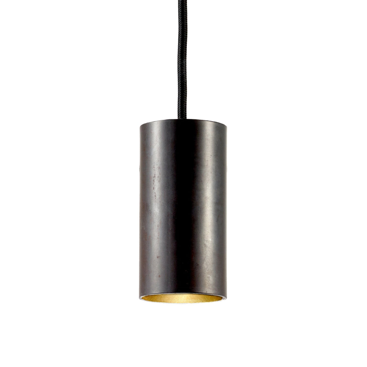 A dark bronze cylindrical pendant light with a warm gold interior, hanging from a black cord.
