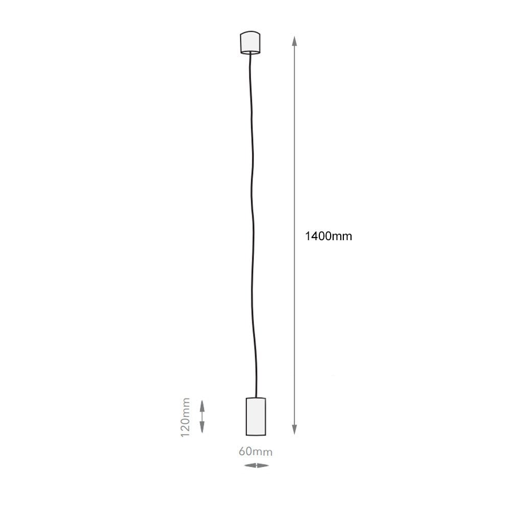 A technical drawing detailing the dimensions of the cylindrical pendant light, 1400mm in length.