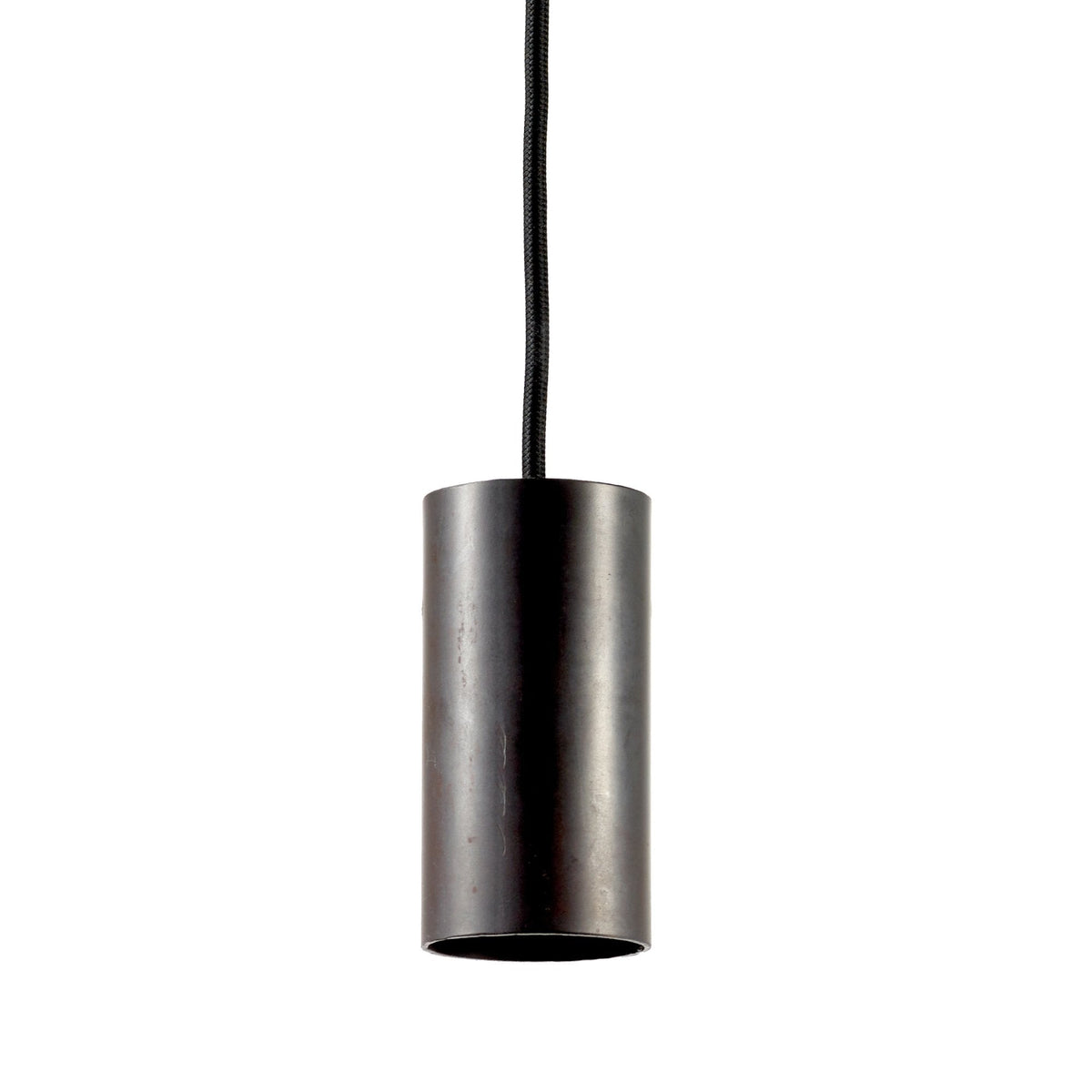 A dark bronze cylindrical pendant light, unlit, hanging from a black cord against a white background.