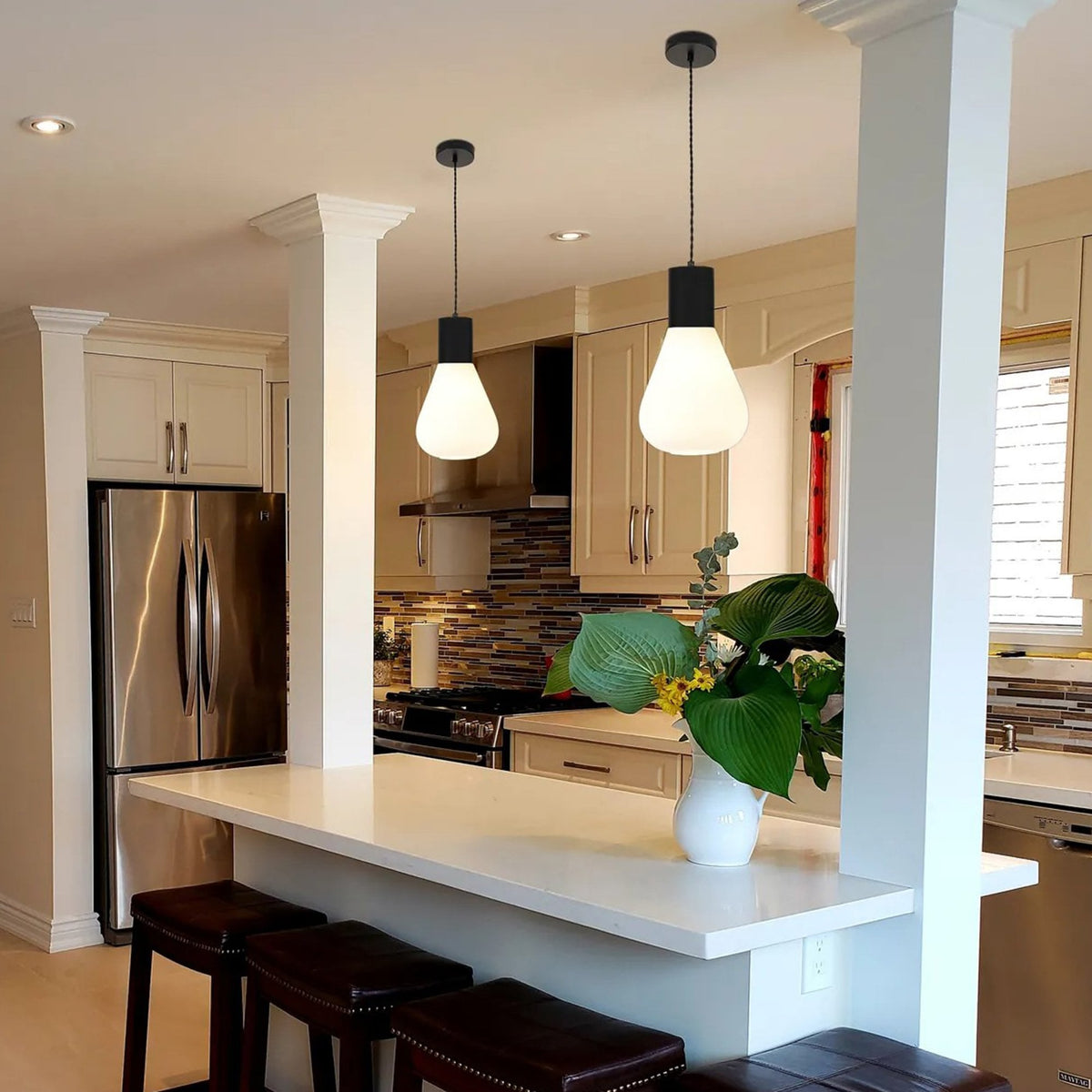 Roborough Narrow Pendant in Satin Black & Opal Glass