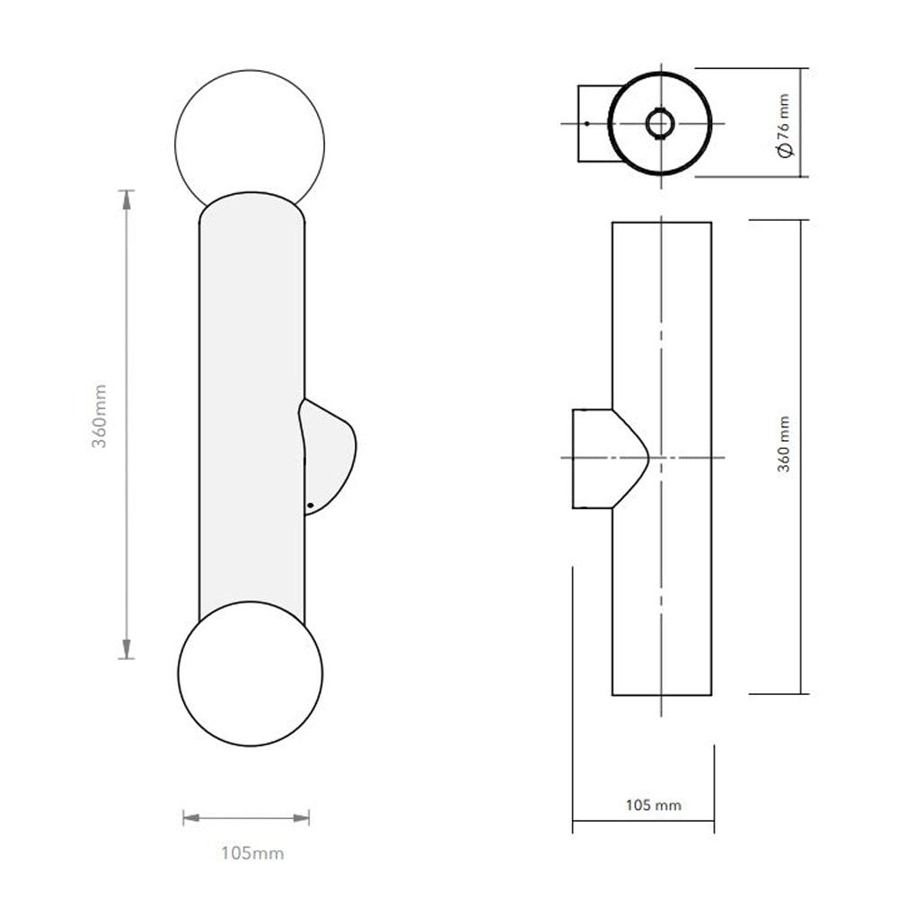Technical drawing of the wall light showing precise dimensions for installation guidance.
