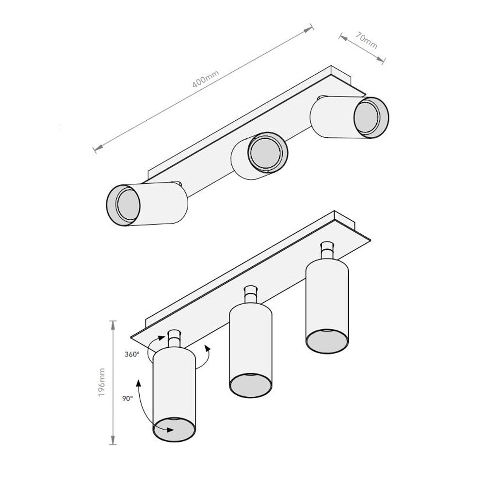Technical drawing of a three-spotlight ceiling fixture showing dimensions and adjustability.