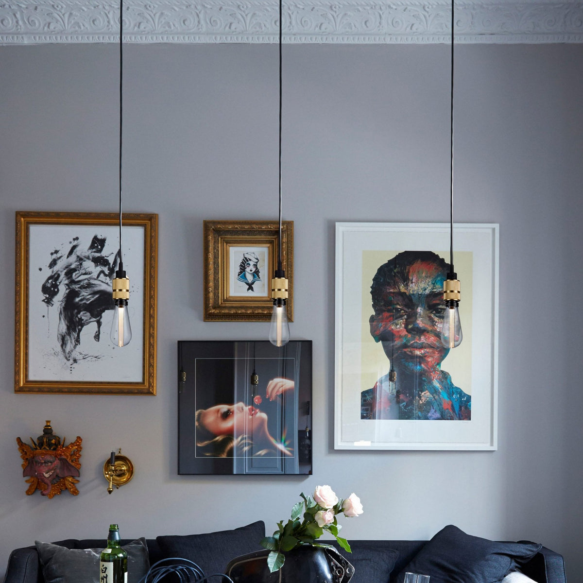 Hooked Nude Single Drop Pendant in Black and Brass Finish